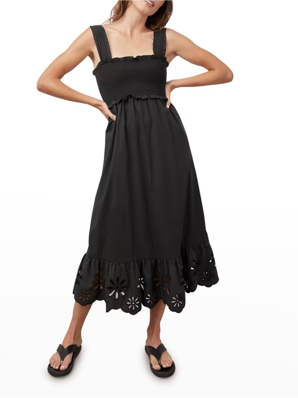 Rails Rumi Black Smocked Square-Neck Midi Dress with Eyelet Hem